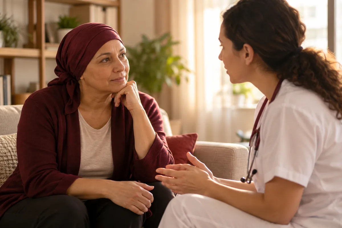 Mulher com lenço conversando com enfermeira em consulta