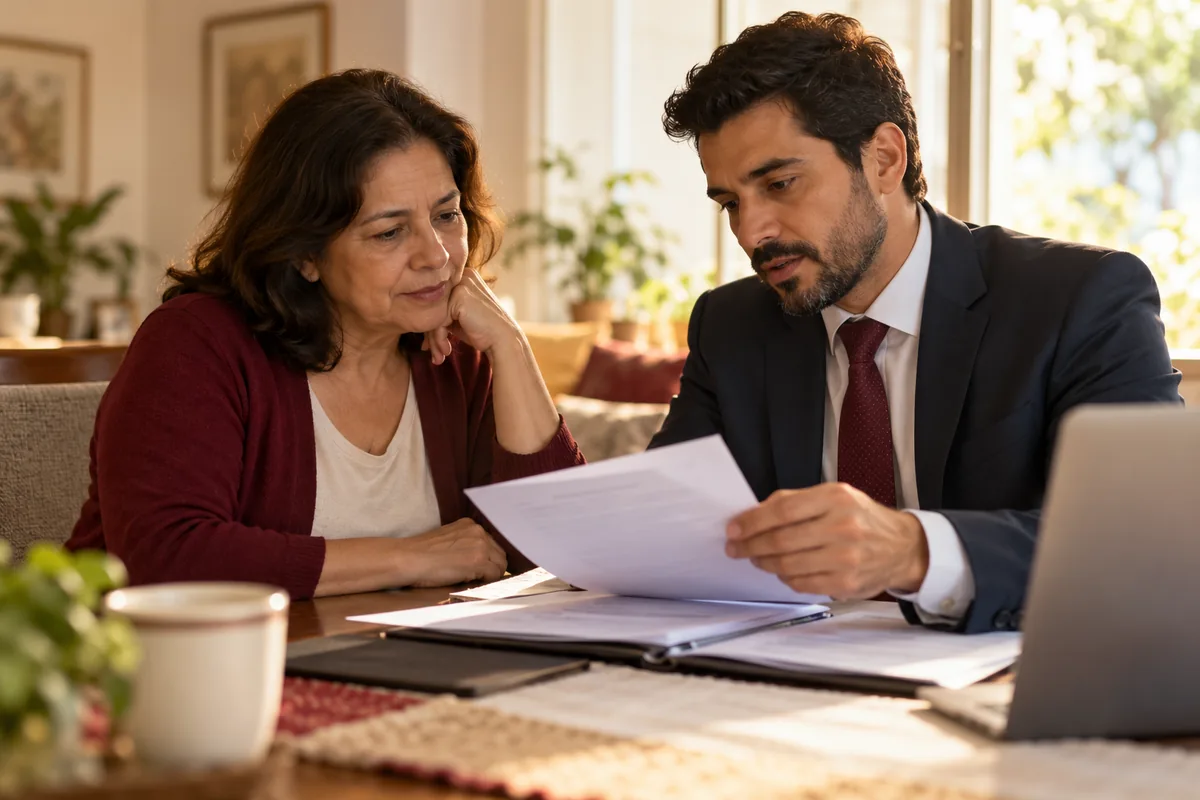 Paciente e assessora jurídica analisando documentos de cirurgia