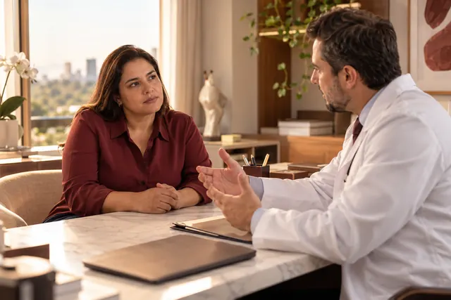 Mulher conversando com cirurgião sobre procedimento reparador