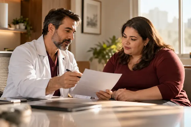 Cirurgião apresentando um relatório a paciente em consulta