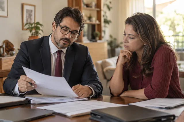 Profissional do direito analisando documentação com paciente