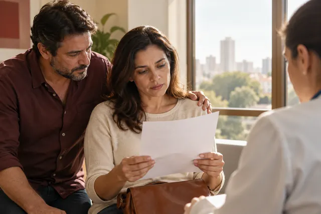 Paciente lendo um documento de autorização em uma clínica
