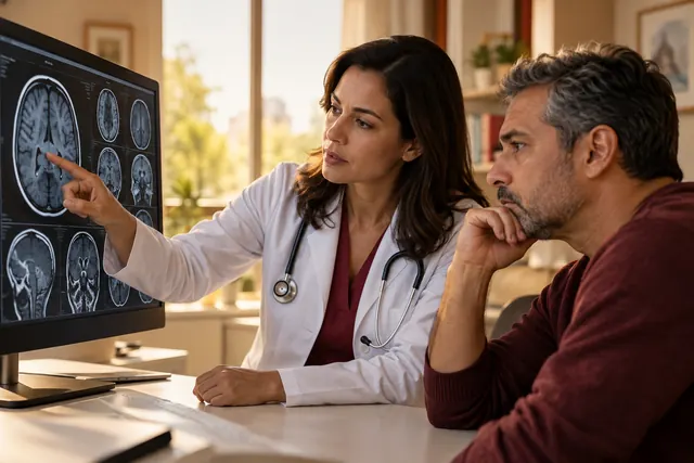 Médico examinando imagens radiológicas com paciente