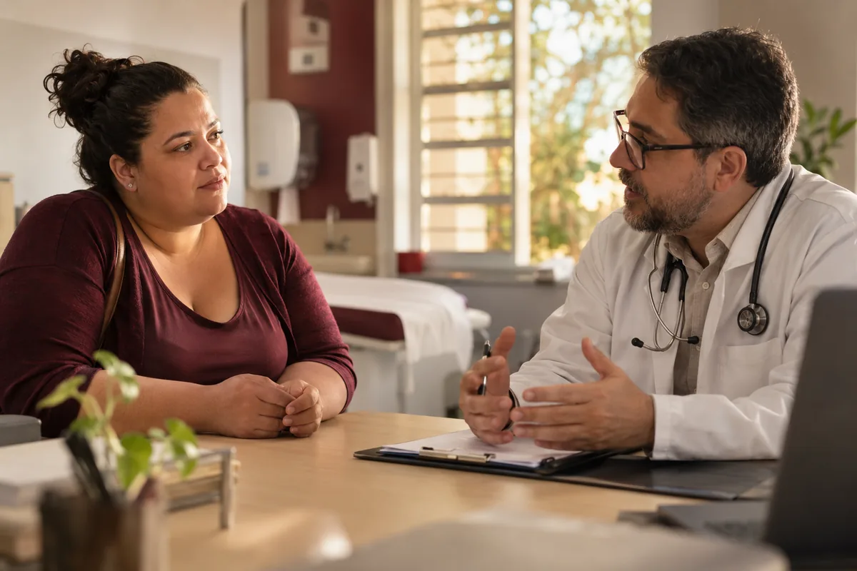 Paciente conversando sobre encaminhamento cirúrgico em clínica