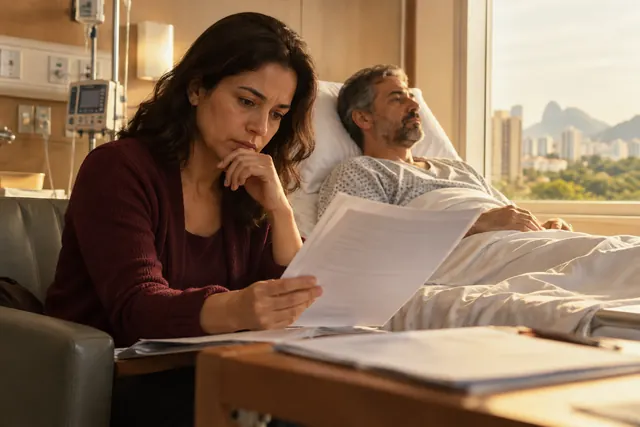 Familiar analisando documentos próximo a quarto hospitalar
