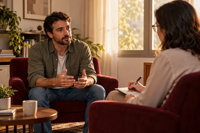 Homem conversando com terapeuta em ambiente reservado