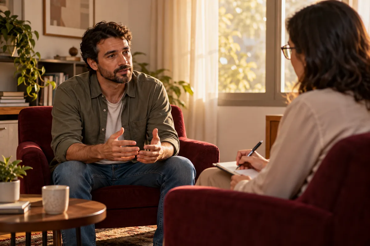 Homem conversando com terapeuta em ambiente reservado