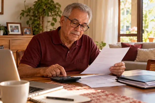 Pessoa idosa organizando documentos tributários e de saúde