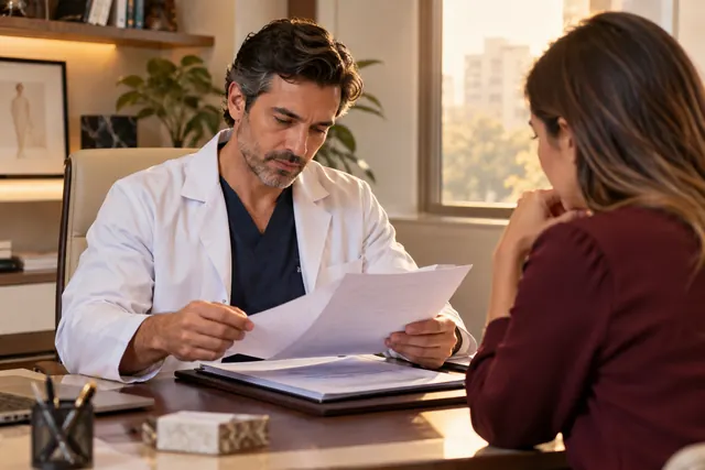 Cirurgião analisando documentação profissional em consultório