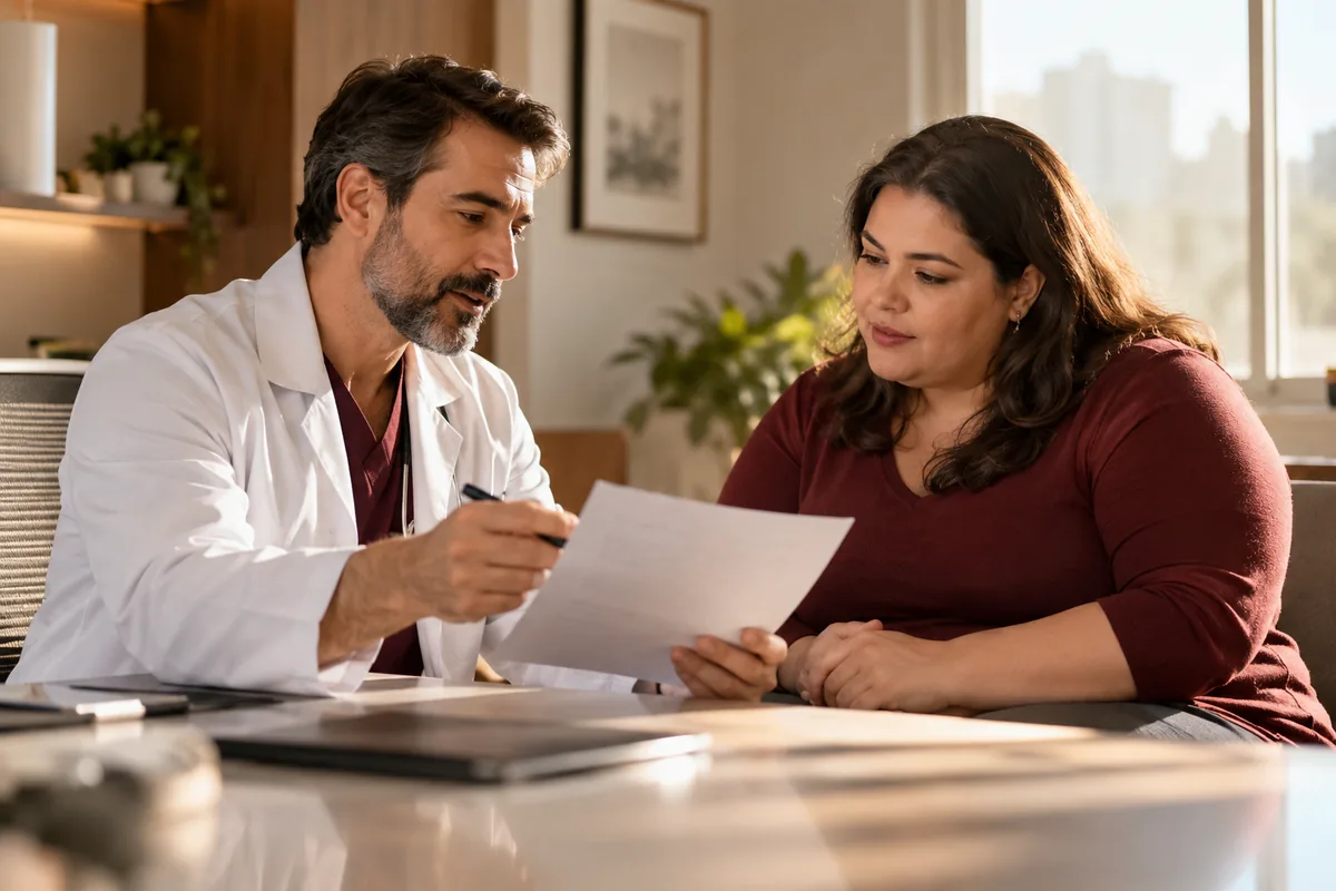 Cirurgião apresentando um relatório a paciente em consulta