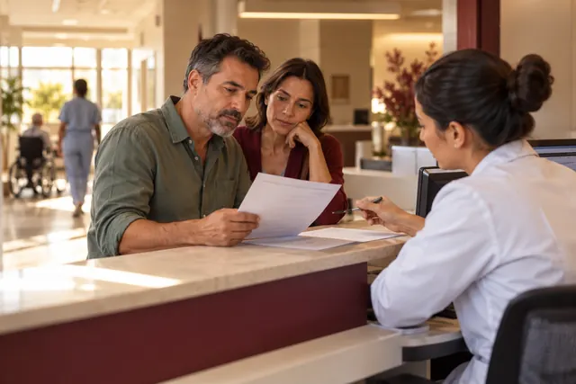 Paciente na recepção hospitalar com documento de internação