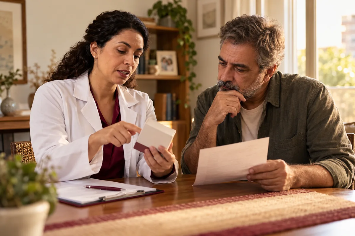 Farmacêutico e paciente conversando sobre medicamento e receita