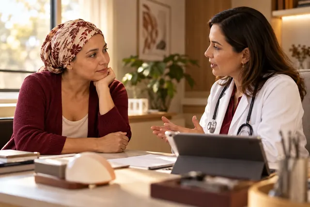 Mulher em consulta sobre reconstrução mamária com médica