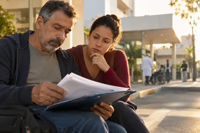 Paciente e familiar revisando registros próximos a um hospital