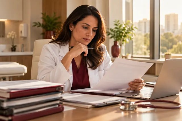 Profissional de medicina revisando documentos de uma instituição de saúde