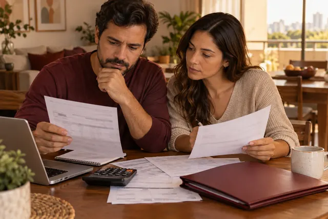 Contas domésticas e contrato de plano de saúde ao lado de calculadora