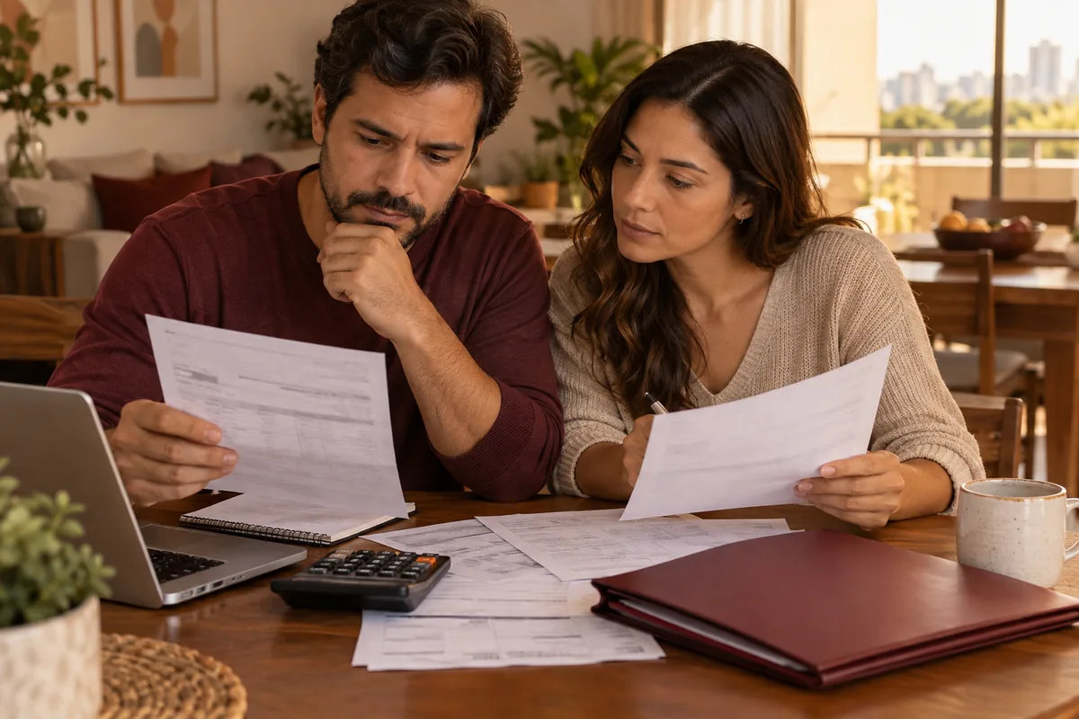 Contas domésticas e contrato de plano de saúde ao lado de calculadora