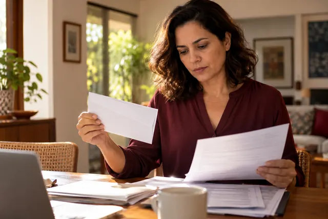 Mulher conferindo correspondência e documentos do plano