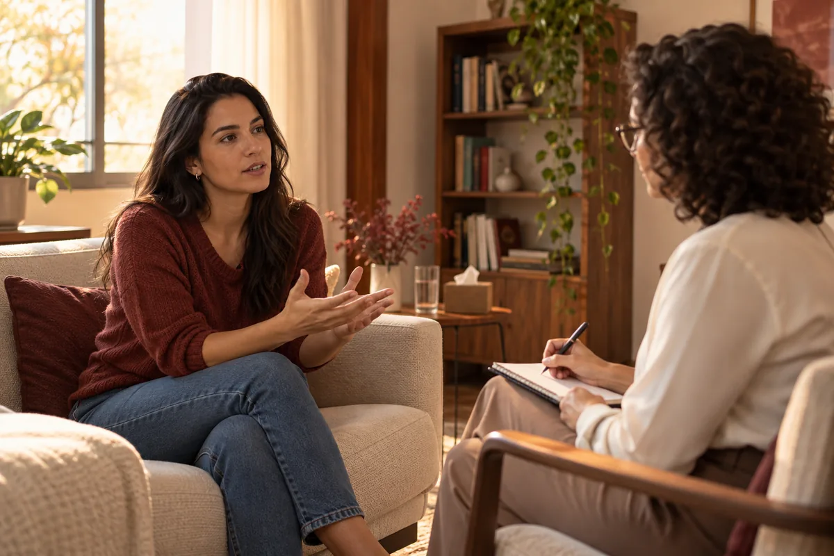 Mulher conversando com psicóloga em consultório acolhedor