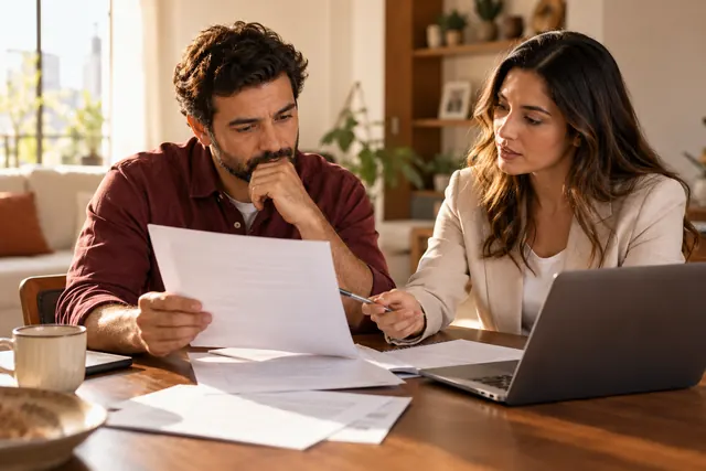 Pessoa analisando documentos de trabalho e plano de saúde