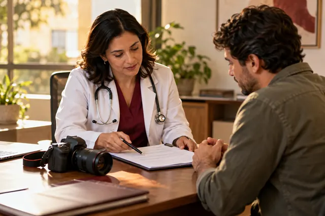 Médica e paciente analisando consentimento com câmera sobre mesa