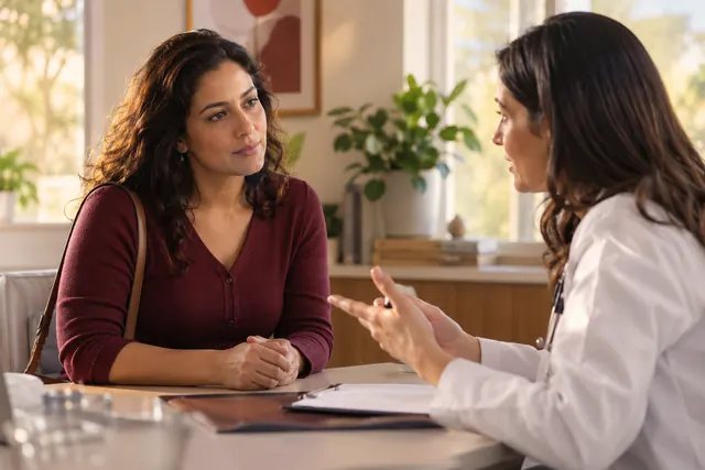 Mulher conversando com médico sobre uma cirurgia reparadora
