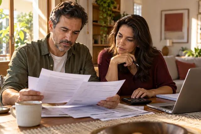 Casal comparando despesas e documentos do plano de saúde