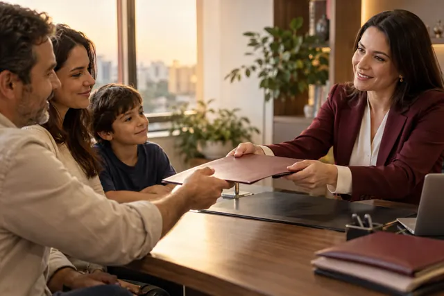 Pessoa recebendo uma pasta de documentos em atendimento