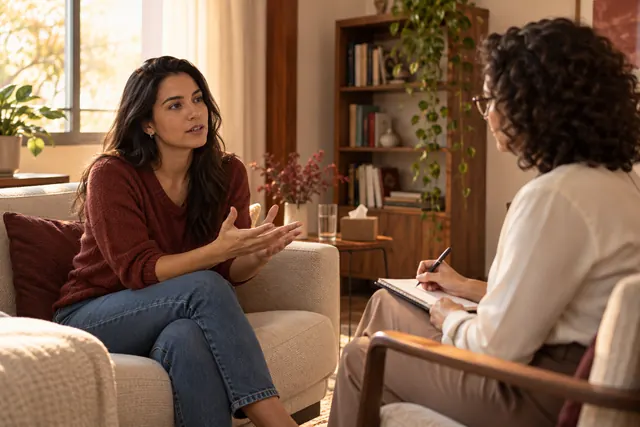 Mulher conversando com psicóloga em consultório acolhedor
