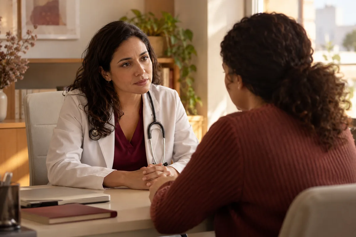 Médica ouvindo uma paciente em uma consulta reservada