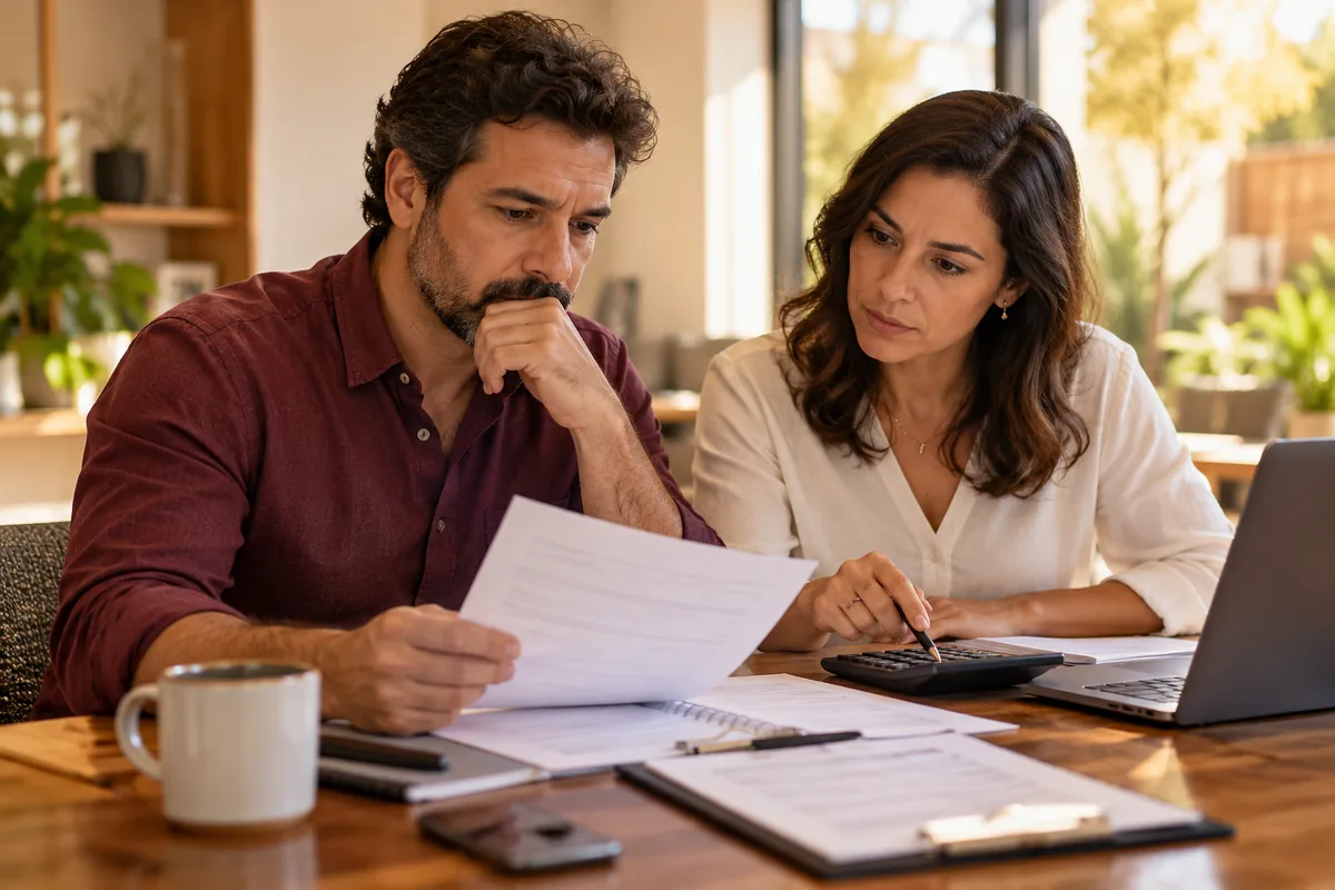 Representante de empresa analisando contrato com calculadora