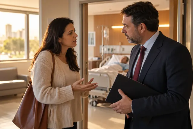 Familiar conversando com a administração de um hospital