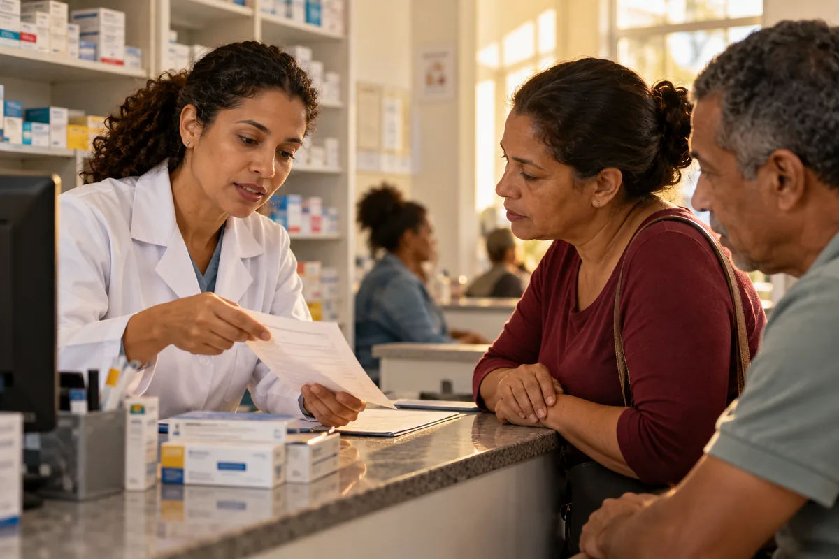 Paciente conversando com farmacêutico sobre uma receita
