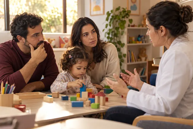 Pais conversando com uma terapeuta infantil em uma clínica